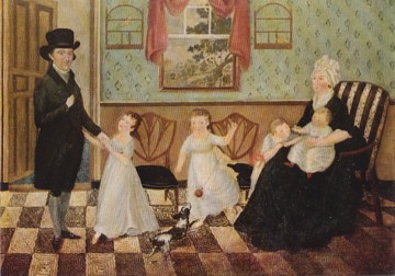 Featured is a postcard image of a folk art painting - The Sargent Family - presently in the collections of The National Gallery of Art in Washington, DC.  The original unused postcard is for sale in The unltd.com Store.